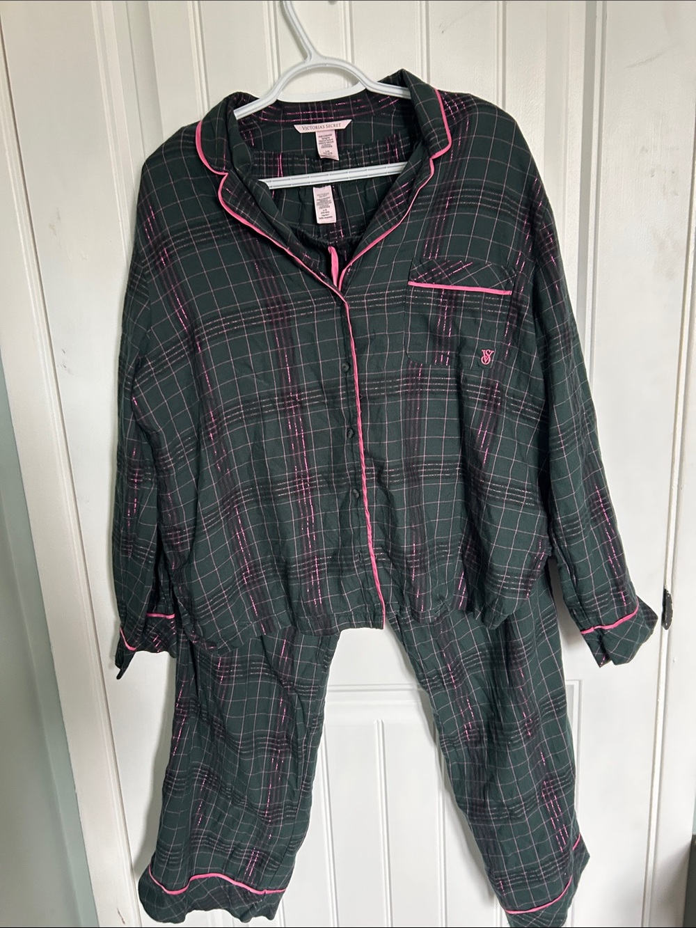 Victoria Secret Dark Green Plaid Pajama Set with Pink Trim